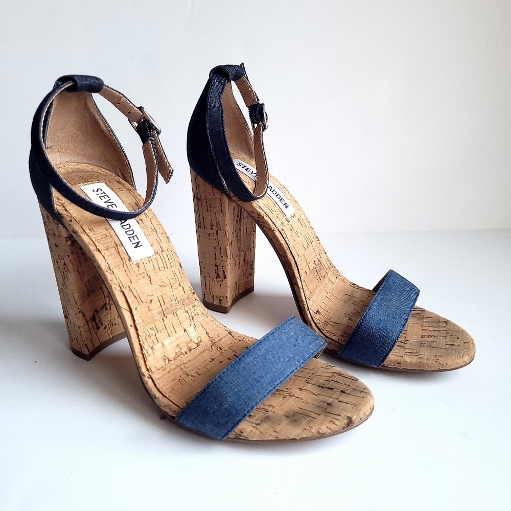 Steve Madden Carson C Denim Cork Ankle Strap Heels Sz 7.5
